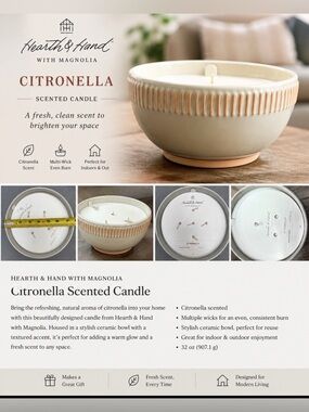 Hearth & Hand Citronella Multi-Wick Ceramic Bowl Candle - Cream & Tan